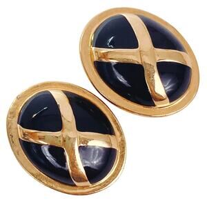 VTG Signed Premier Designs Earrings Black Cabochon Clip On Gold Tone 80s 90s